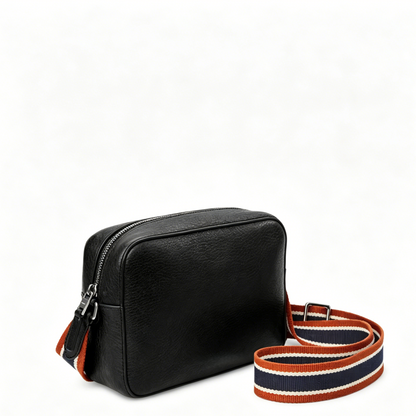 Pebble Leather Striped Strap Camera Crossbody Bag