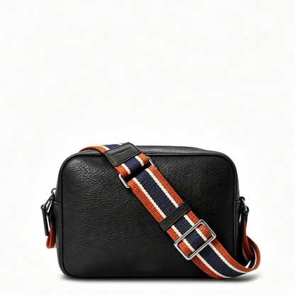 Pebble Leather Striped Strap Camera Crossbody Bag