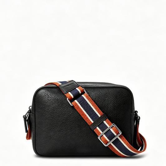 Pebble Leather Striped Strap Camera Crossbody Bag