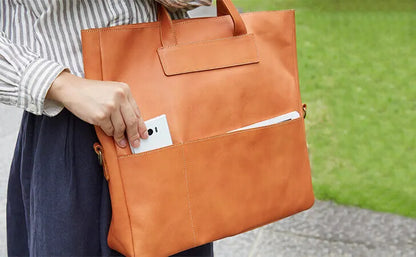 Soft Full Grain Leather 2-Way Work Laptop Tote Bag