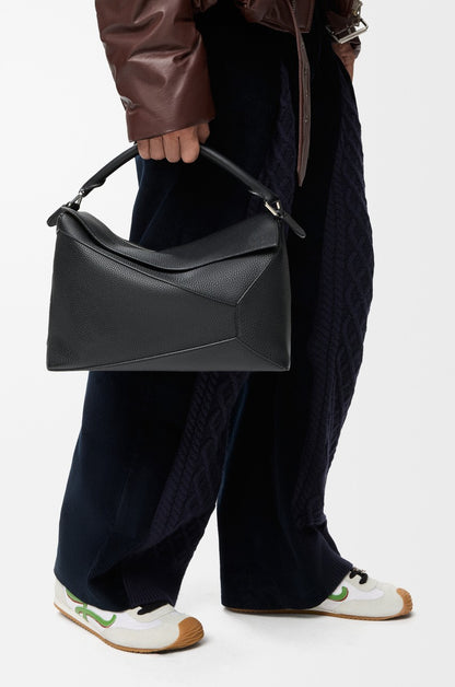 Geometric Puzzle Grain Leather 2-Way Duffle Crossbody Bag