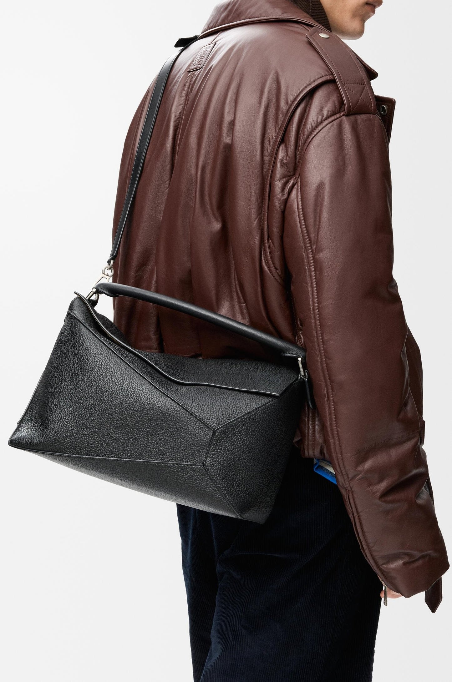 Geometric Puzzle Grain Leather 2-Way Duffle Crossbody Bag