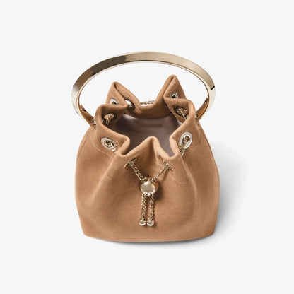 Suede Metal Ring Handle 2-Way Mini Bucket Crossbody Bag
