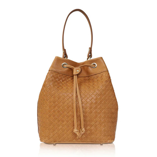 Woven Leather Drawstring Bucket Crossbody Bag