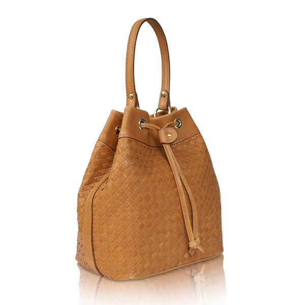 Woven Leather Drawstring Bucket Crossbody Bag