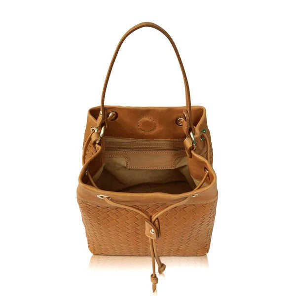 Woven Leather Drawstring Bucket Crossbody Bag