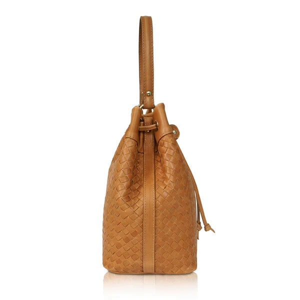 Woven Leather Drawstring Bucket Crossbody Bag