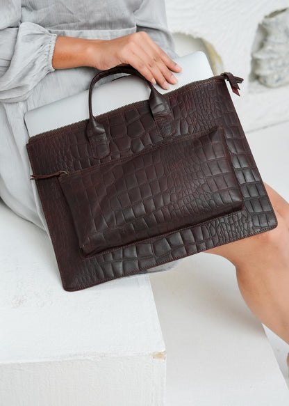 Croc Embossed Full Grain Leather 2-Way Laptop Briefcase Tote Bag