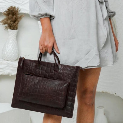 Croc Embossed Full Grain Leather 2-Way Laptop Briefcase Tote Bag