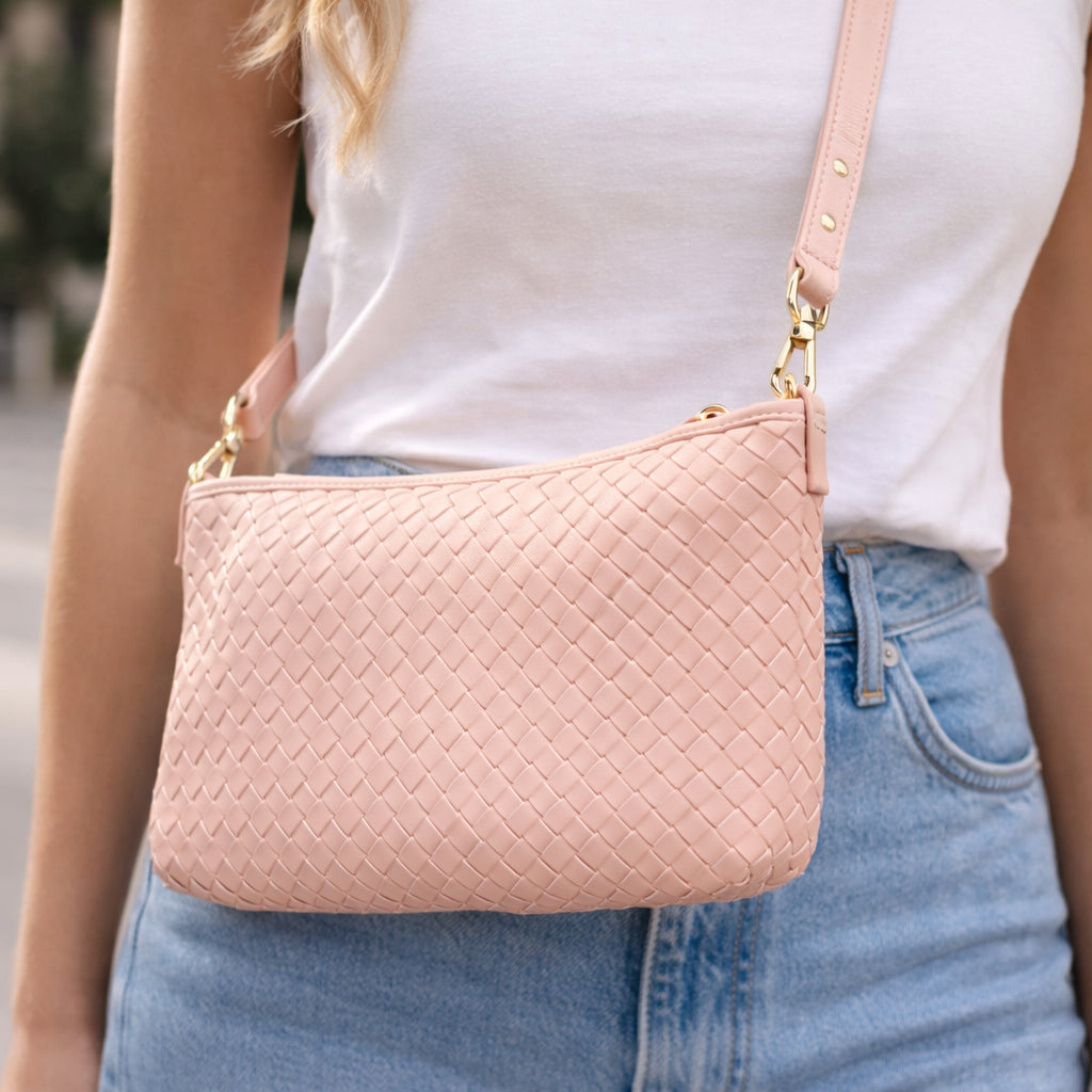 Woven Vegan Leather 3-Way Shoulder Crossbody Clutch Bag