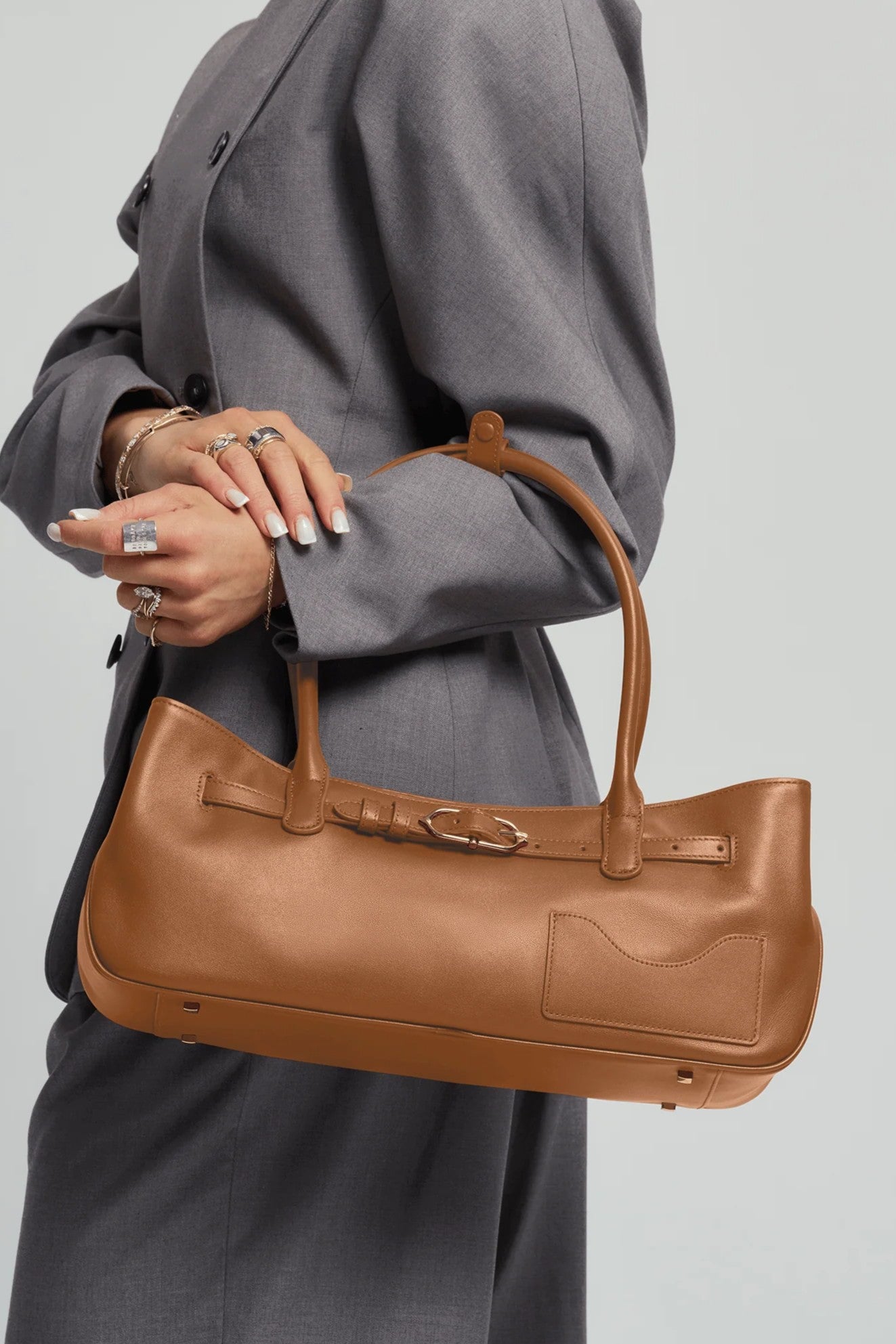 Adjustable Buckle Nappa Leather Retro Baguette Shoulder Bag